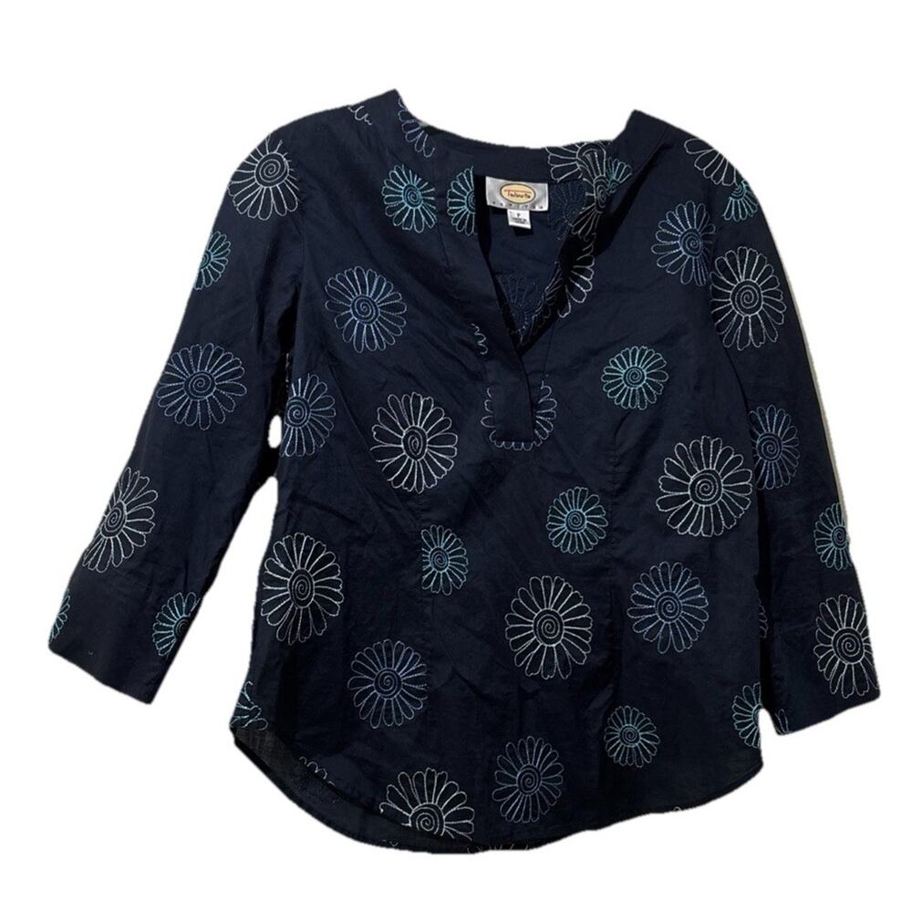 Talbots Petites Flower Embroidered Popover Blouse Size P/XS Navy Blue Cotton